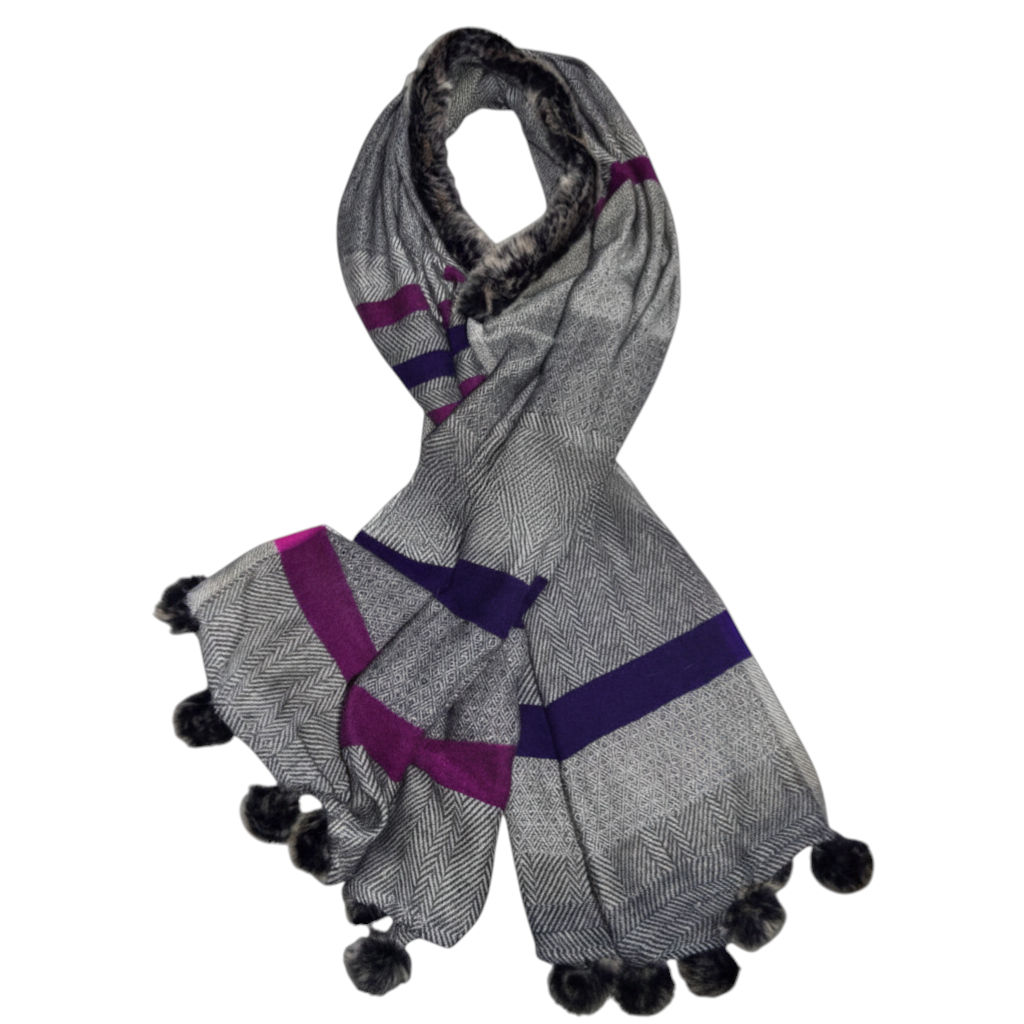 Light Grey Scarf With Faux Fur Pom Poms